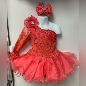 Size 3 Coral One Shoulder Sleeved Corset Back Pageant Dress w/ Beading & Bow NWT